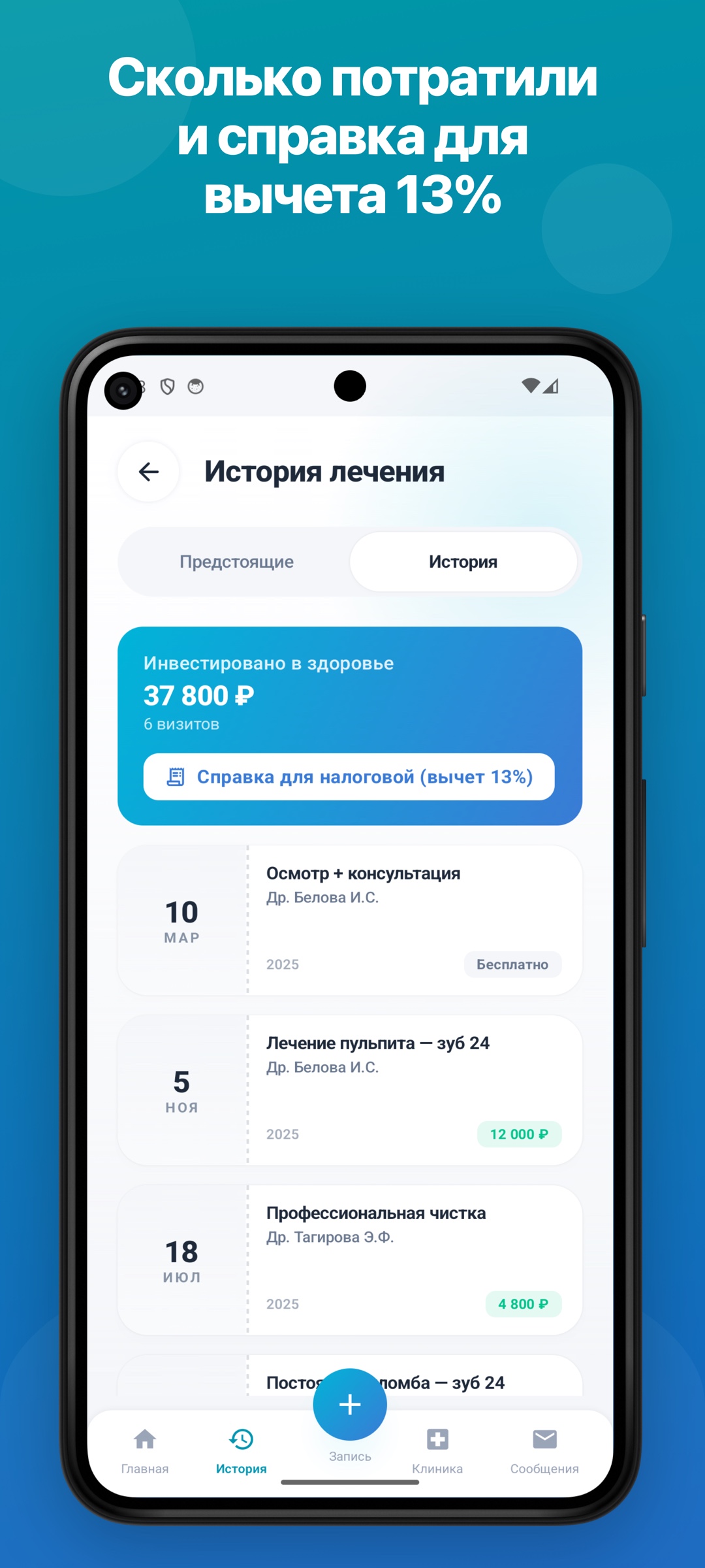 История лечения и справка для вычета 13%